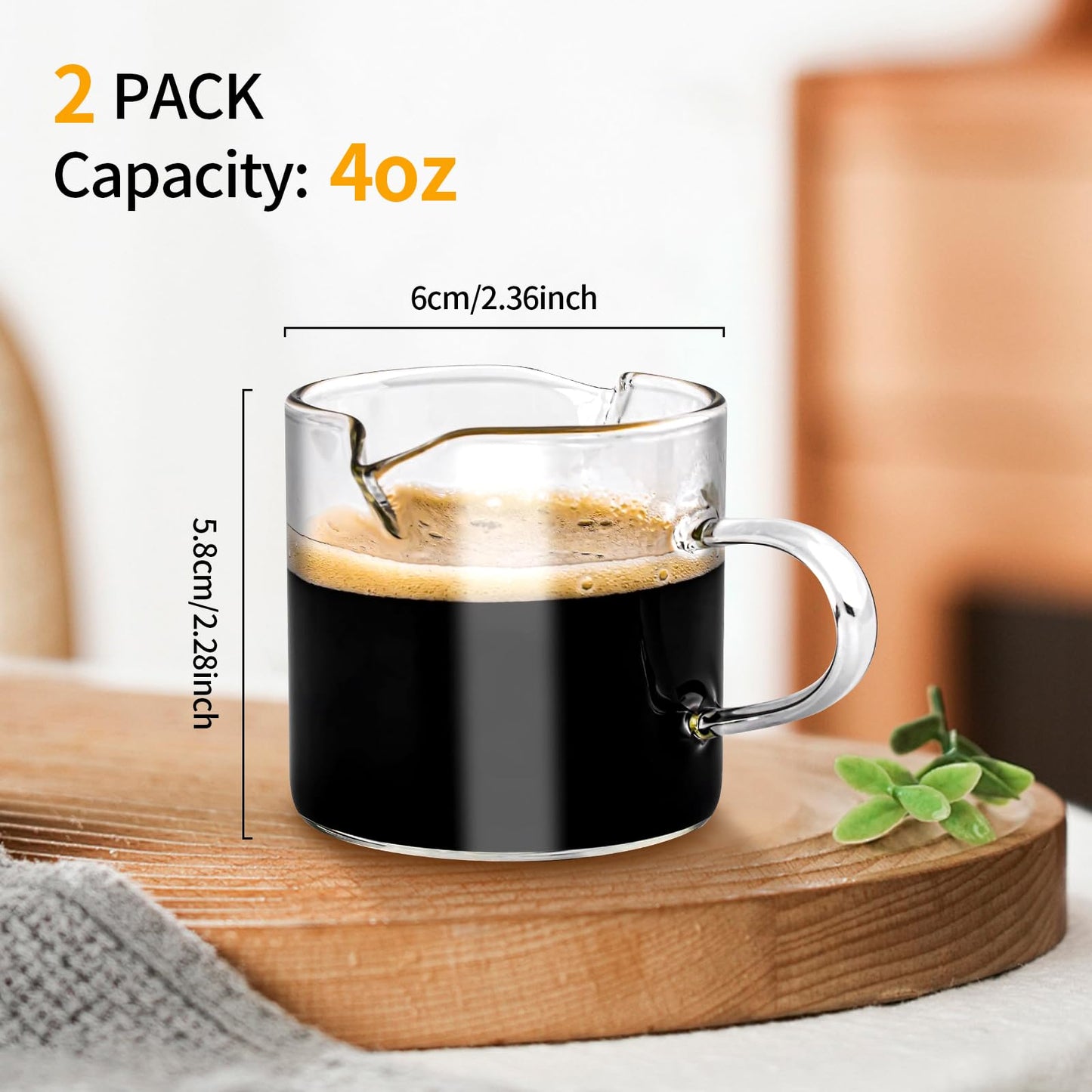 Cabipeove 2 Pcs Espresso Cups,4 Oz Espresso Shot Glass,Double Spouts Coffee Cups with Handle,Espresso Accessories,Clear Mugs for Milk