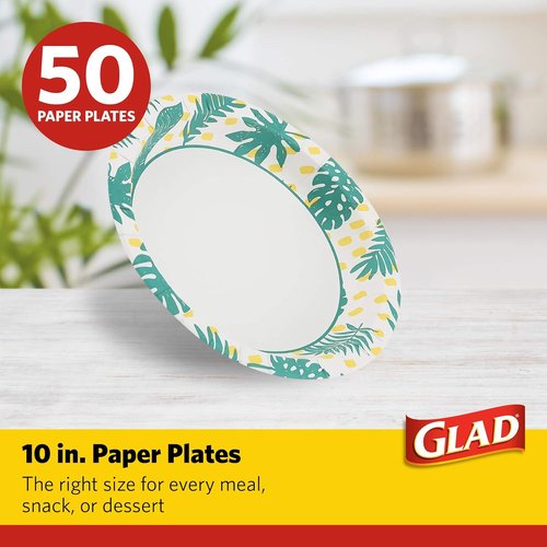 Glad Round Disposable Paper Plates - Soak Proof & Cut Resistant - Palm Leaves Pattern, 10 Inch, 50 Count