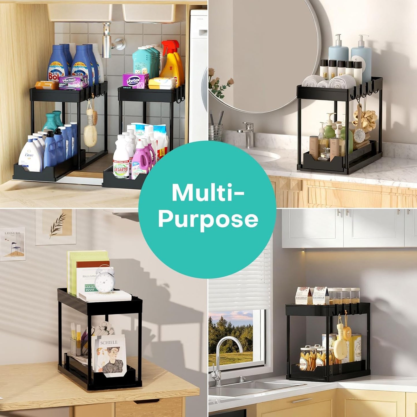 Under Sink Organizers by [Brand Name] - 2-Pack Pull-Out Sliding Cabinet Storage with 2-Tier Shelf & 4 Hooks | Multi-Purpose for Kitchen & Bathroom (13 Inch, Black)