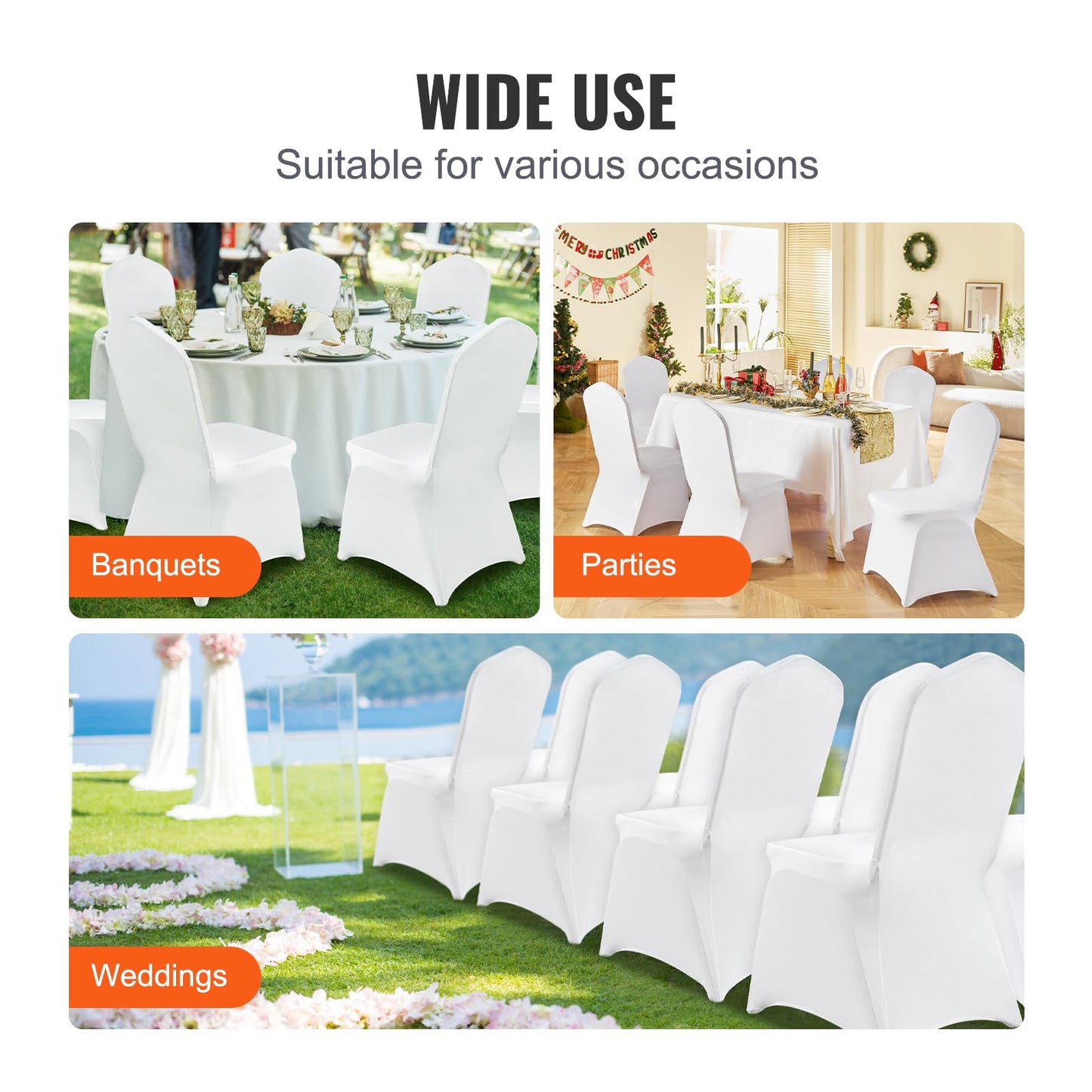 VEVOR 200 Pcs Flat-Front Chair Covers Polyester Spandex Chair Cover Stretch Slipcovers, Wedding, Holiday, Banquet, Party, Celebration, Dining, White