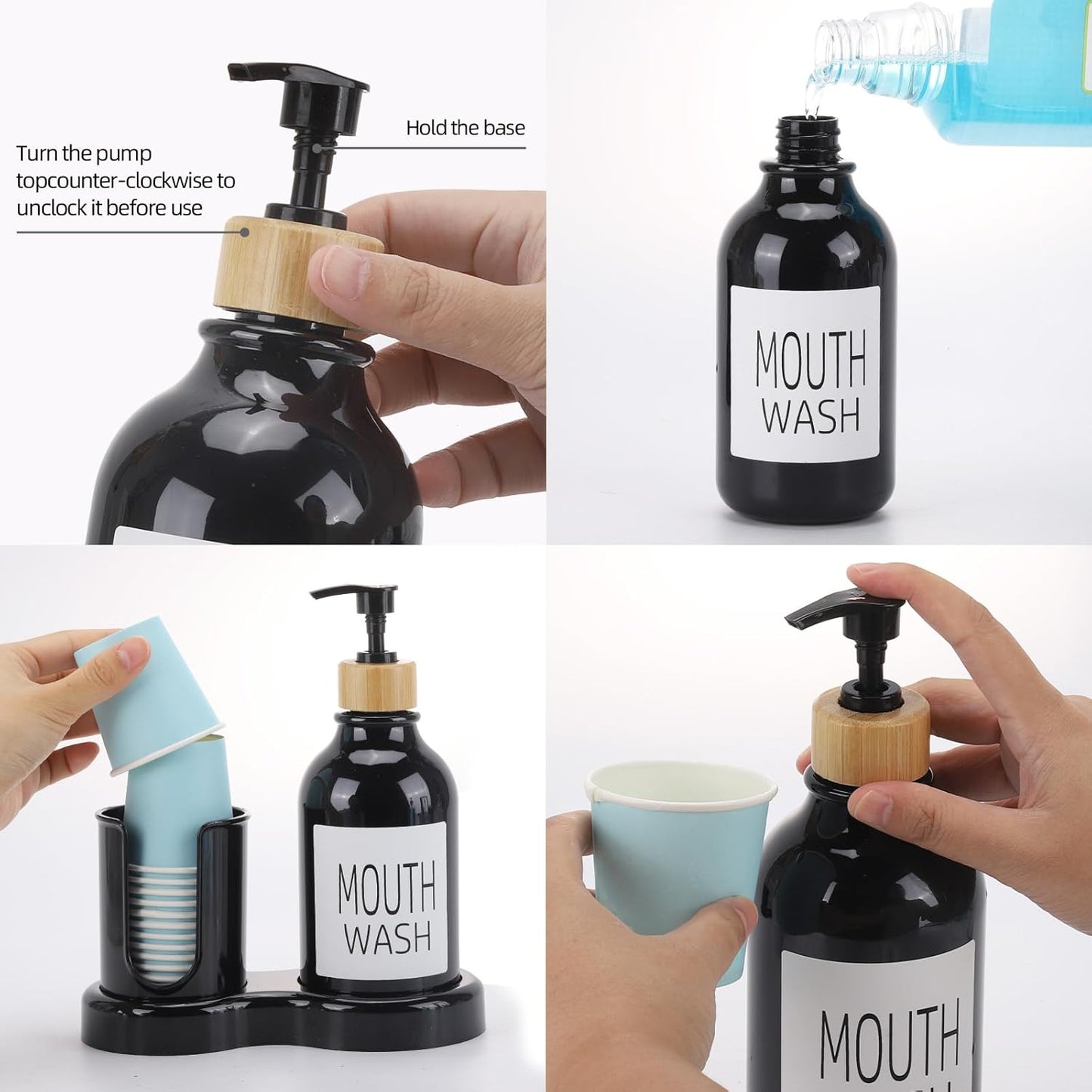 Regine Switzerland Mouthwash Dispenser - 16oz Plastic Holder with Cup and Tray - Black