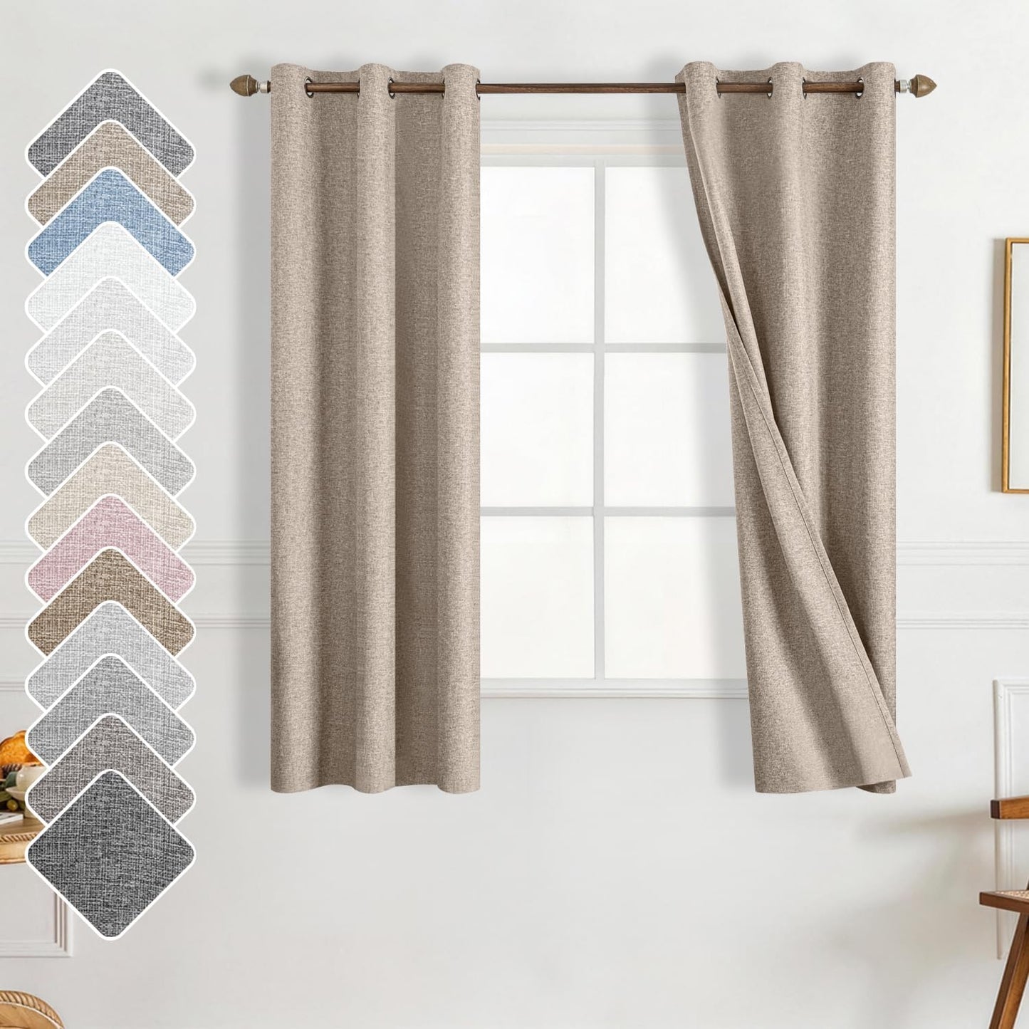 Skiennix 100% Blackout Curtains - Double-Sided Linen Texture, Thermal Insulated Drapes | 2 Panels, 42 x 63 Inch