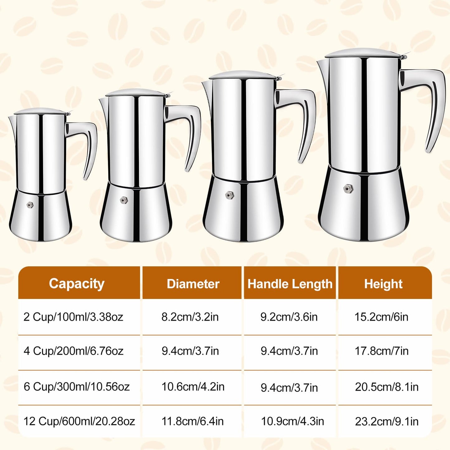Vaolvpant No Coating 4 Cup Thickened 304 Stainless Steel Moka Pot Stovetop Espresso Maker Italian Coffee Machine 200ml 6.8oz Suitable for Gas Induction Stovetop Greca Coffee Maker Percolator