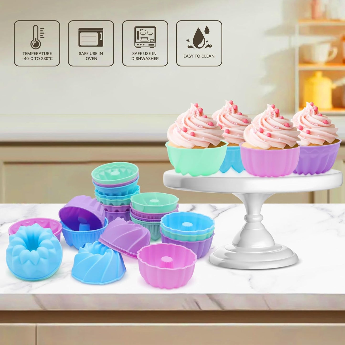 Skiennix 24-Pack Silicone Donut Molds - Nonstick 3-Inch Baking Cups for Muffins, Jello & Bagels | Oven & Dishwasher Safe