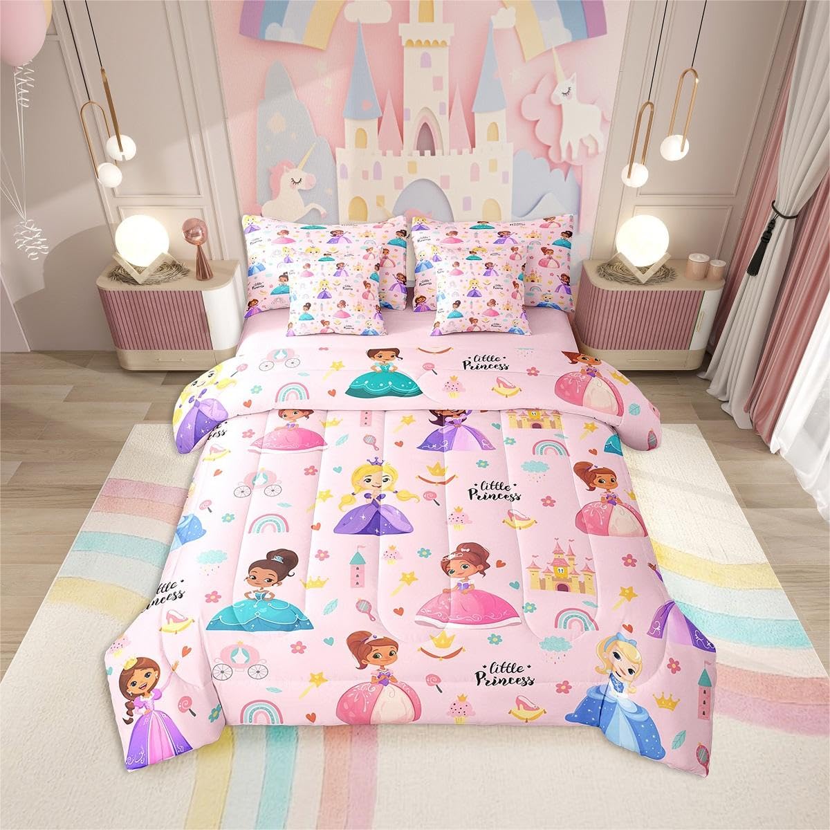 Erosebridal Kids Magical Princess 7 Piece Twin Comforter Set Bed in a Bag, Girly Cute Castle Microfiber Bedding for Sofa, Cartoon Rainbow Fitted Sheets Set for Kids Girls, Pink Princess Bed Set