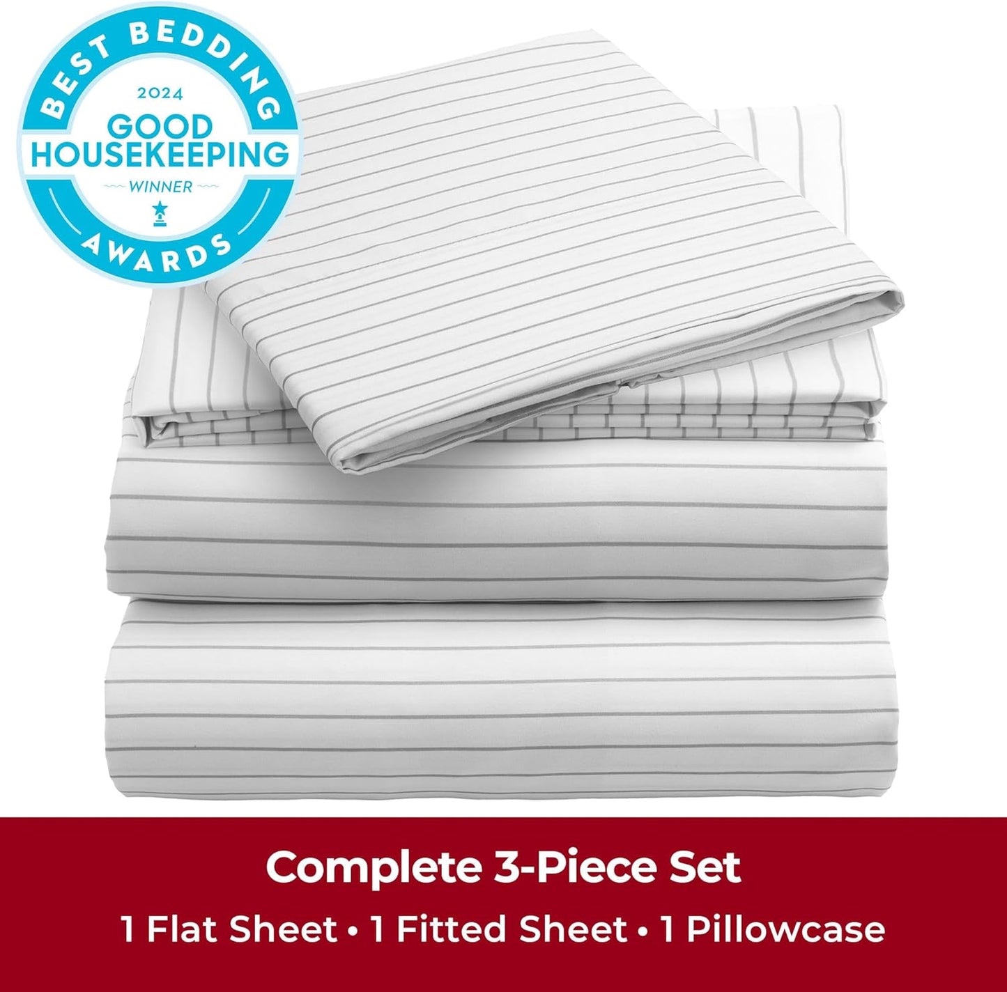 Mellanni Twin Sheets Set - 3 PC Luxury Bedding Collection - Extra Soft, Cooling, Wrinkle Resistant | Pinstripe Gray