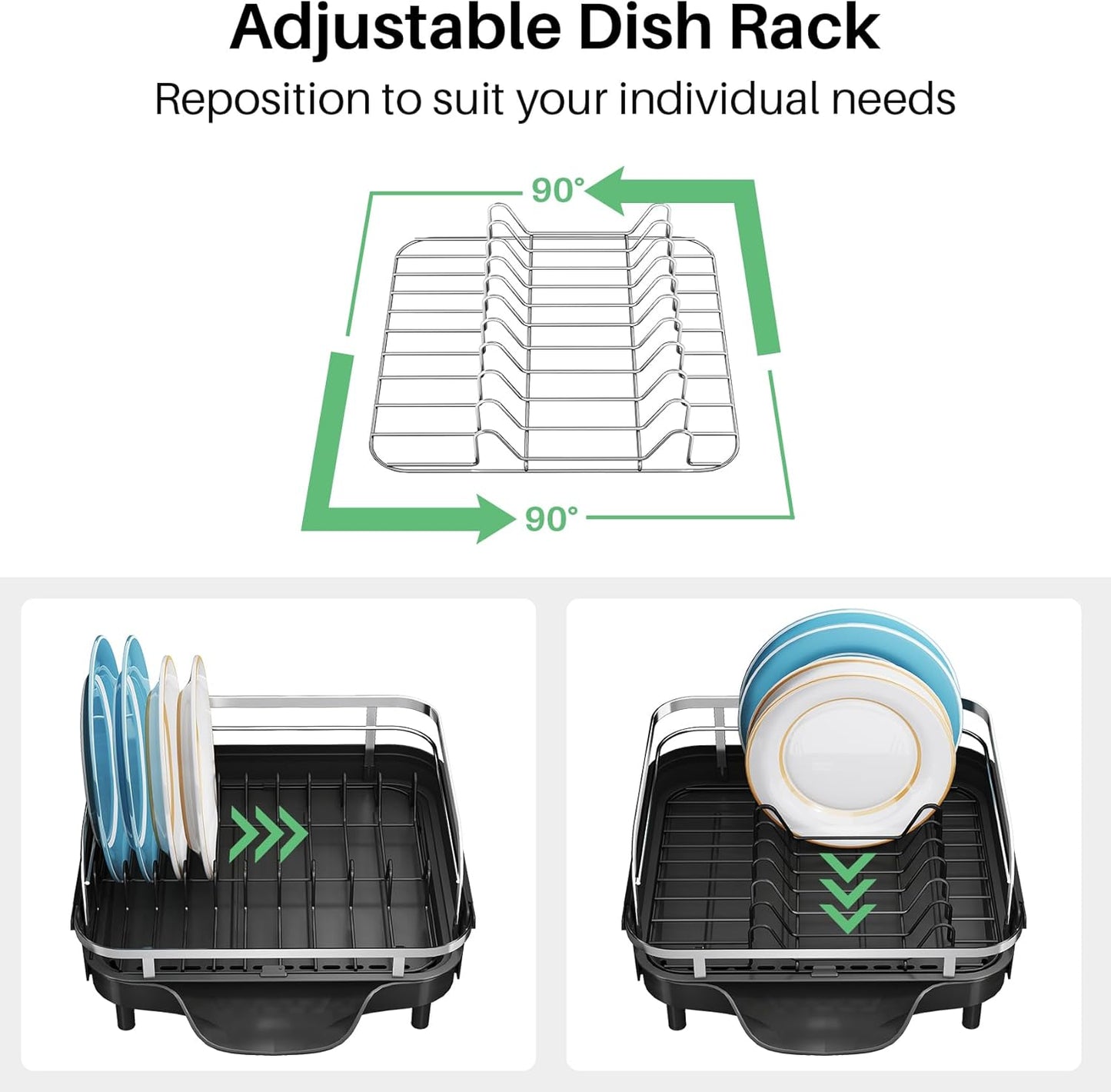 SNTD Stainless Steel Dish Drying Rack - Expandable Kitchen Counter Drainer with Drainboard & Utensil Holder (Black)