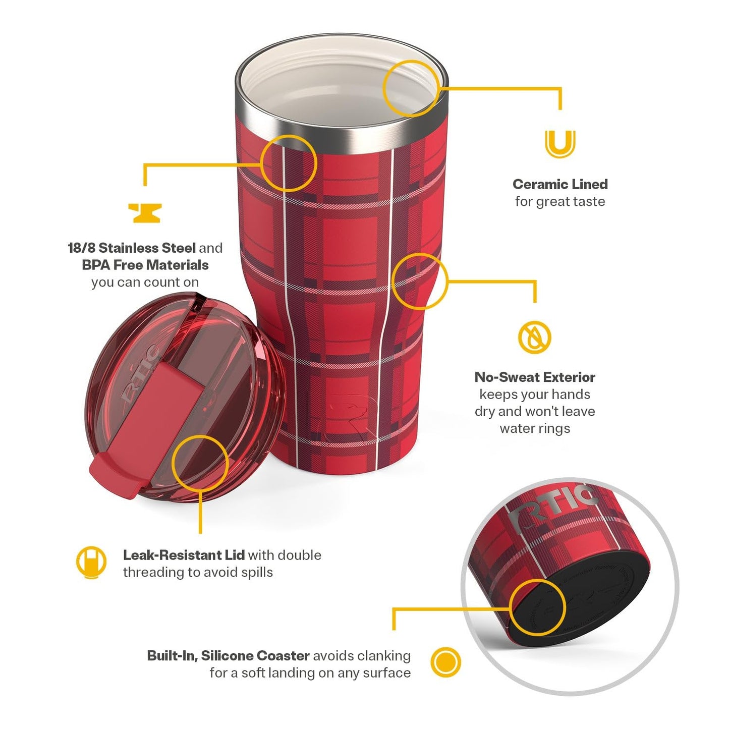 RTIC 30oz Essential Tumbler with Lid, Ceramic Lined, Insulated, Stainless Steel, Metal, Double Wall Vacuum-Insulation, Travel Cup for Iced Coffee, Tea, Hot and Cold Drink, Red Plaid