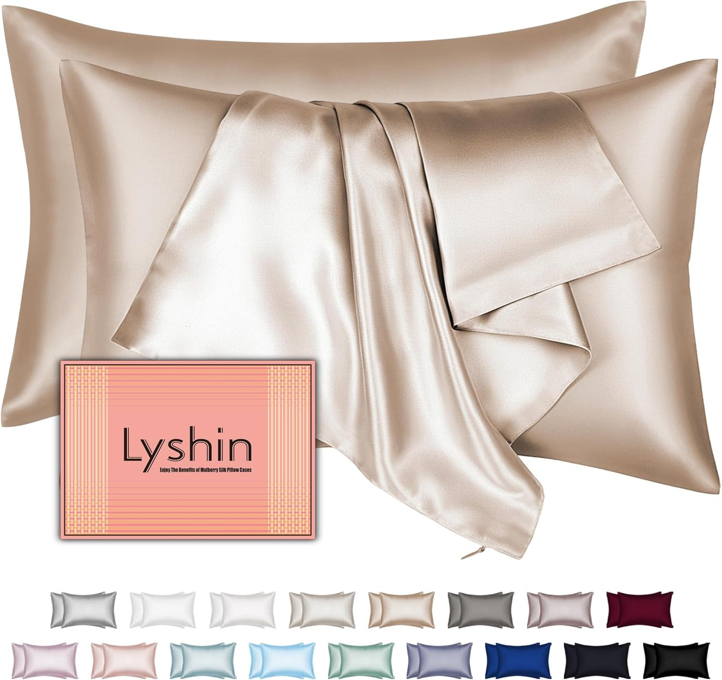 **Regine Switzerland Silk Pillowcases - 2 Pack Queen Size with Hidden Zipper | Mulberry Silk for Hair & Skin - Champagne**
