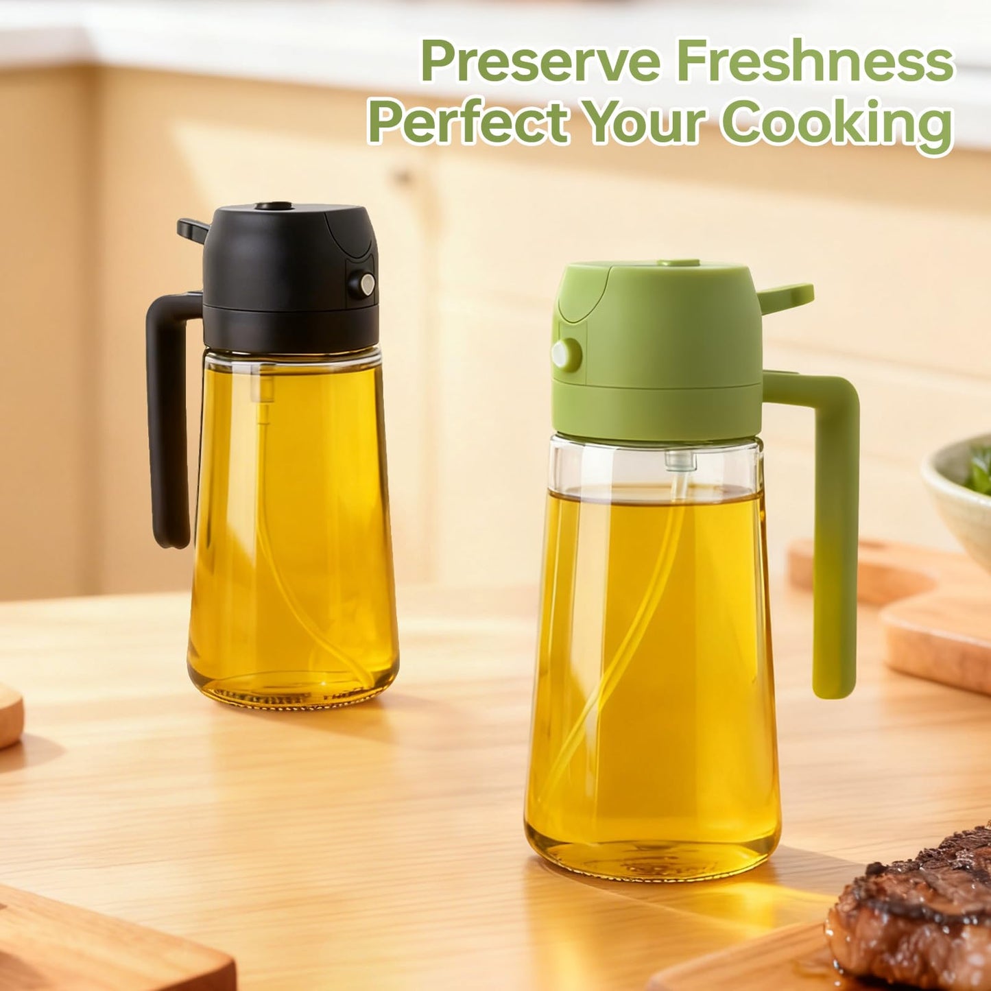 RMNJPW 2Pcs Glass Oil Sprayer for Cooking 16oz/470ml, Kitchen Gadget for Air Fryer, Salad, BBQ, Frying（Black+Green）