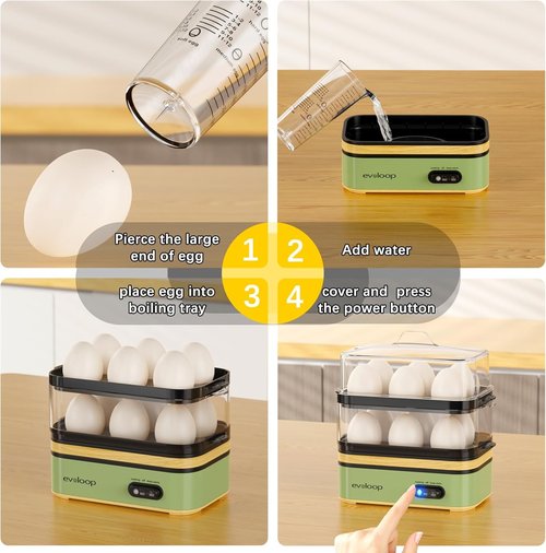 Evoloop Electric Egg Cooker - Rapid 12 Egg Capacity for Soft, Medium, Hard Boiled & Poached Eggs | BPA-Free Green Tray