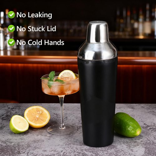 Etens Insulated Cocktail Shaker Black - 23oz Double Wall Vacuum Stainless Steel Martini Shaker with Built-in Strainer & Jigger Lid, Pro Leak-Proof Weighted Shaker for Home Bar, Premium Bar Gift Set