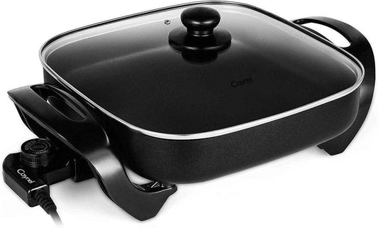 Caynel Professional Non-stick Copper Electric Skillet Jumbo, Deep Dish with Tempered Glass Vented Lid, Upgrade Thermostat, 16”x 12”x 3.15”- 8 quart