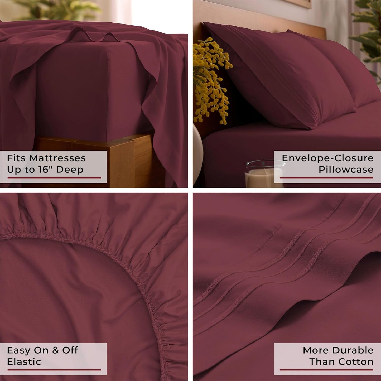 Mellanni Full Sheets Set - 4 PC Hotel Luxury Bedding | Extra Soft, Cooling, Wrinkle-Resistant (Burgundy)