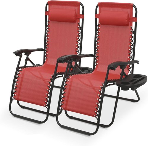 Athena Collection Zero Gravity Lounge Chairs - Set of 2 with Cup Holder | Dark Red Outdoor Recliners