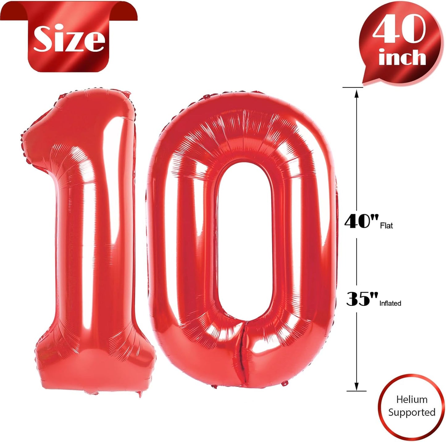 Red Number 10 Balloon - 40 Inch Giant Birthday Decoration for 10th Birthday Parties | Kids Party Supplies