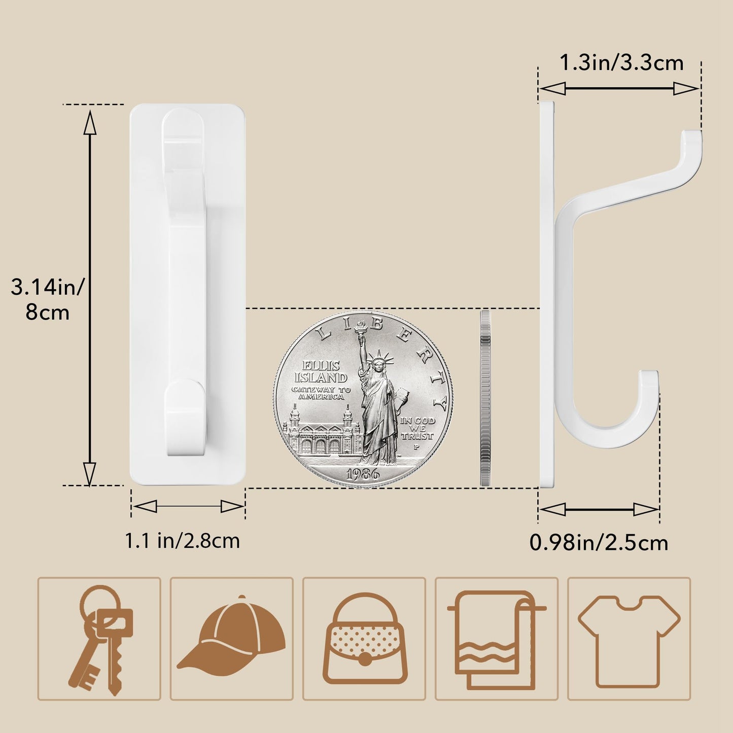 pickpiff Wall Hooks for Coat and Towel: 13LB Strong Adhesive Door Hanger Stick on, White 4 Pack