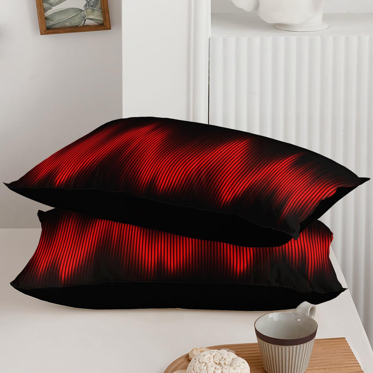 QOOMO Red Black Abstract Kids Comforter Set, Geometric Lines Boys Bedding Full, Gradient Modern Stylish 3D Quilt Set for Teen Adults Room Decoration, 1 Comforter & 2 Pillowcases
