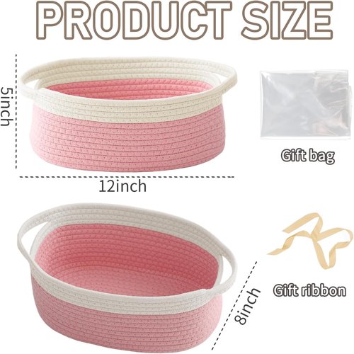 JMvicyroam Woven Basket - Small Rope Storage Bin with Handles & Ribbon | 2-Pack White & Pink Gift Organizer for Shelves & Closets