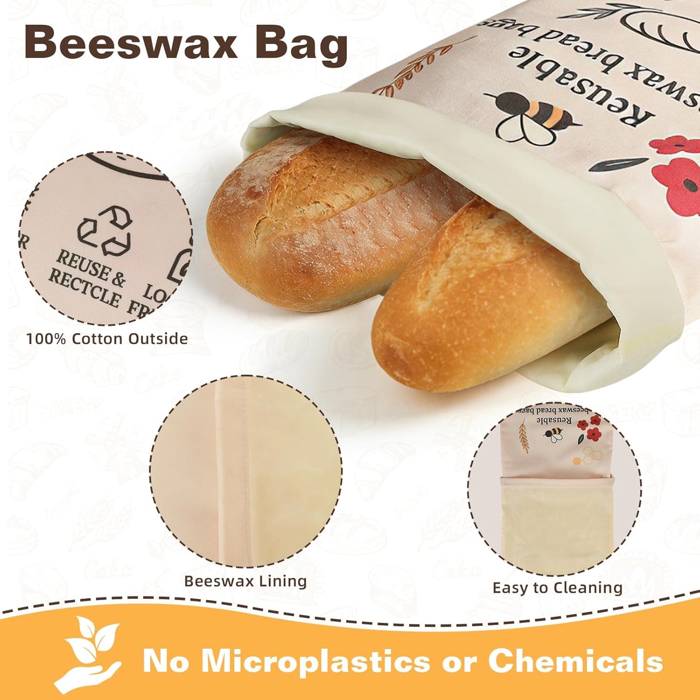 Skiennix XL Reusable Beeswax Bread Bags - Organic Cotton for Sourdough Baking | 2 Pack for Fresh Food Storage