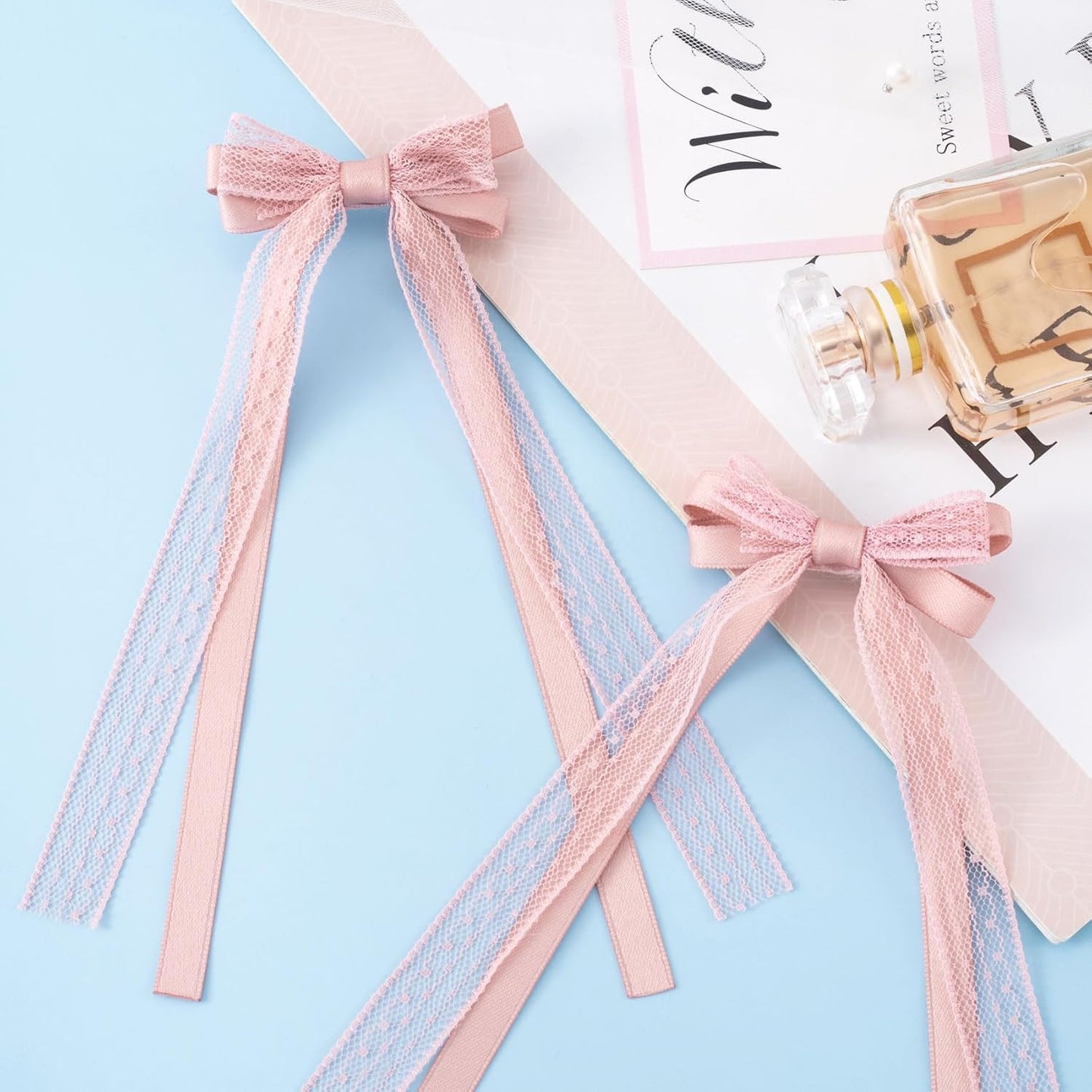 Skiennix Pink Lace Hair Bows - Cute Coquette Bow Clips with Long Tail Ribbons for Women | Perfect for Weddings & Special Occasions