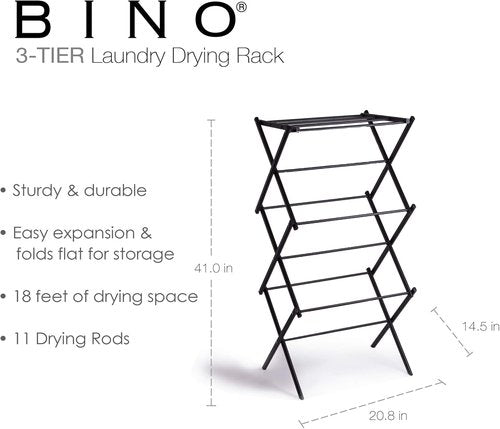 BINO 3-Tier Collapsible Drying Rack - Black | Foldable & Portable Indoor/Outdoor Clothes Dryer