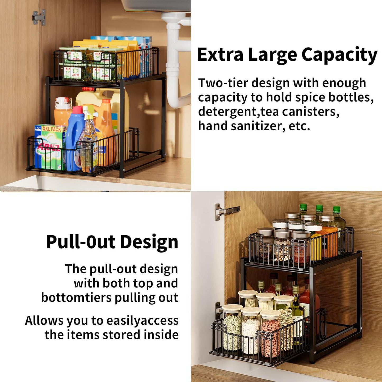 Under Sink Organizer, 2-Tier Pull Out Cabinet Organizer, Kitchen Bathroom Organizer and Storage, Spice Rack for Kitchen, Multi-use Sliding Drawers Shelves, Pack of 2