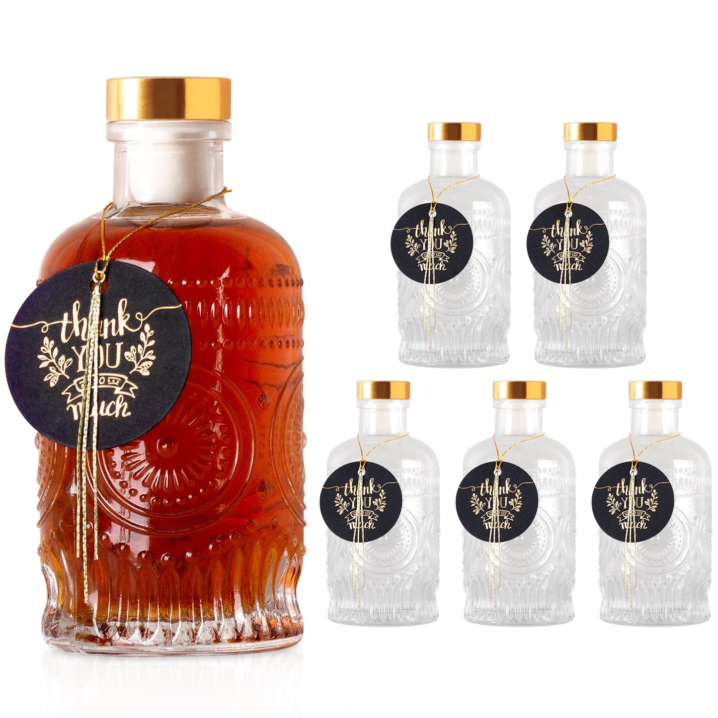 GYOSUGANG 6 Pack Glass Bottles with Lids - 6 oz Liquor Bottles with Gift Labels & Decorations for Oil Vinegar Kombucha Whiskey Wine Beverages Drinks Beer Water Soda with T-Top Cork Cap
