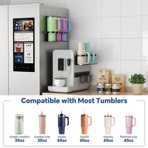 Brippo Strong Magnetic Cup Holder for Stanley 20/30/40 oz, Tumbler Organizer with Lid Rack for Fridge, up to 10 lbs, Kitchen Cabinet Storage for Stanley, Mug Cup Accessories
