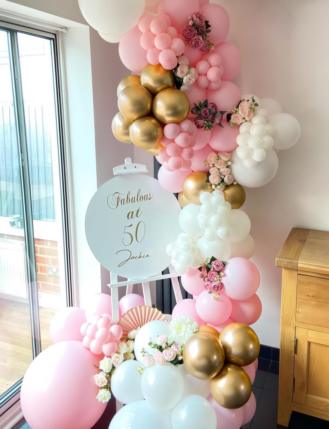 Skiennix Pink and Gold Balloon Set - 12 Inch Light Pink & White Latex Balloons with Shiny Metallic Gold Glitter for Princess Baby Shower & Birthday Party Decorations