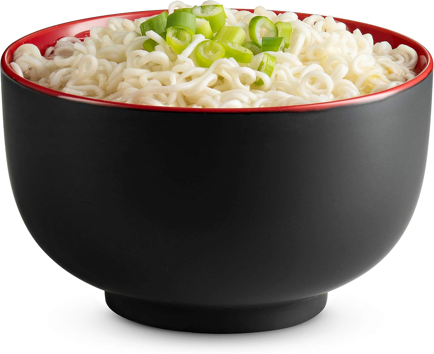 KooK Ramen Bowl - Large Ceramic Noodle Bowl Set | 34 oz Capacity, Microwave & Dishwasher Safe, Black/Red - Set of 4