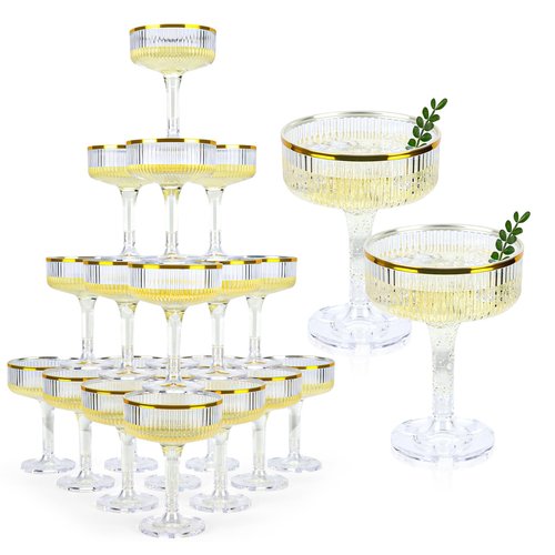30 Pack Clear Champagne Tower Glasses 7OZ Plastic Martini Glasses Champagne Coupe Glass Cocktail Glass with Gold Rim Champagne Flutes Stackable Stemmed Coupe Glass for Weddings Birthday Party