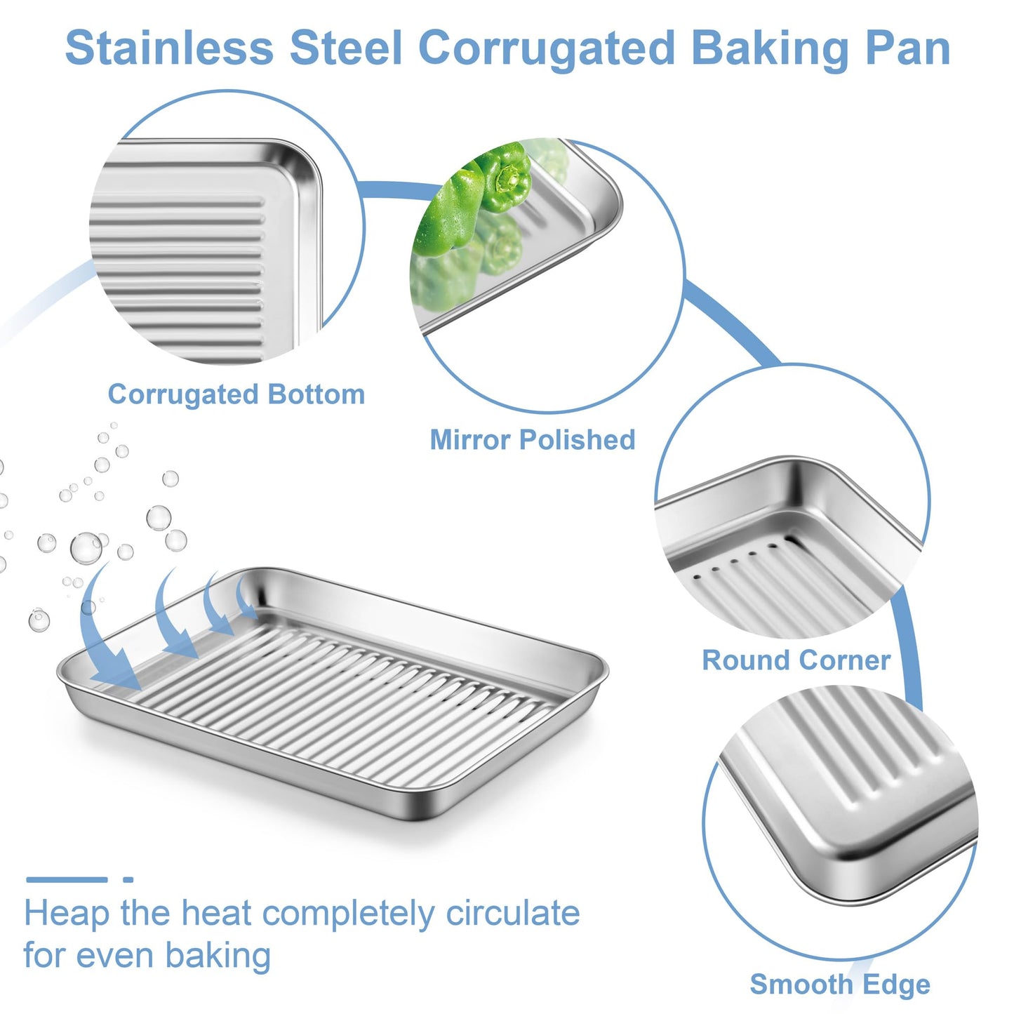 TeamFar Toaster Oven Pan with Cooling Rack, Stainless Steel Mini Baking Tray for Compact Toaster Oven, 9 Inch, Corrugated Bottom & Grid Mesh, Healthy & Heavy-Duty, 1 Pan + 1 Rack