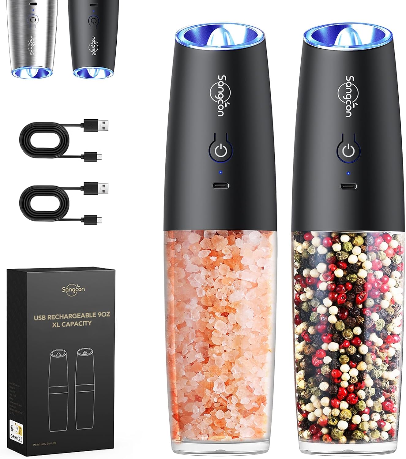 Sangcon Gravity Electric Salt and Pepper Grinder Set - Upgraded Rechargeable 9oz XL Capacity | USB-C, LED Light, One-Hand Operation