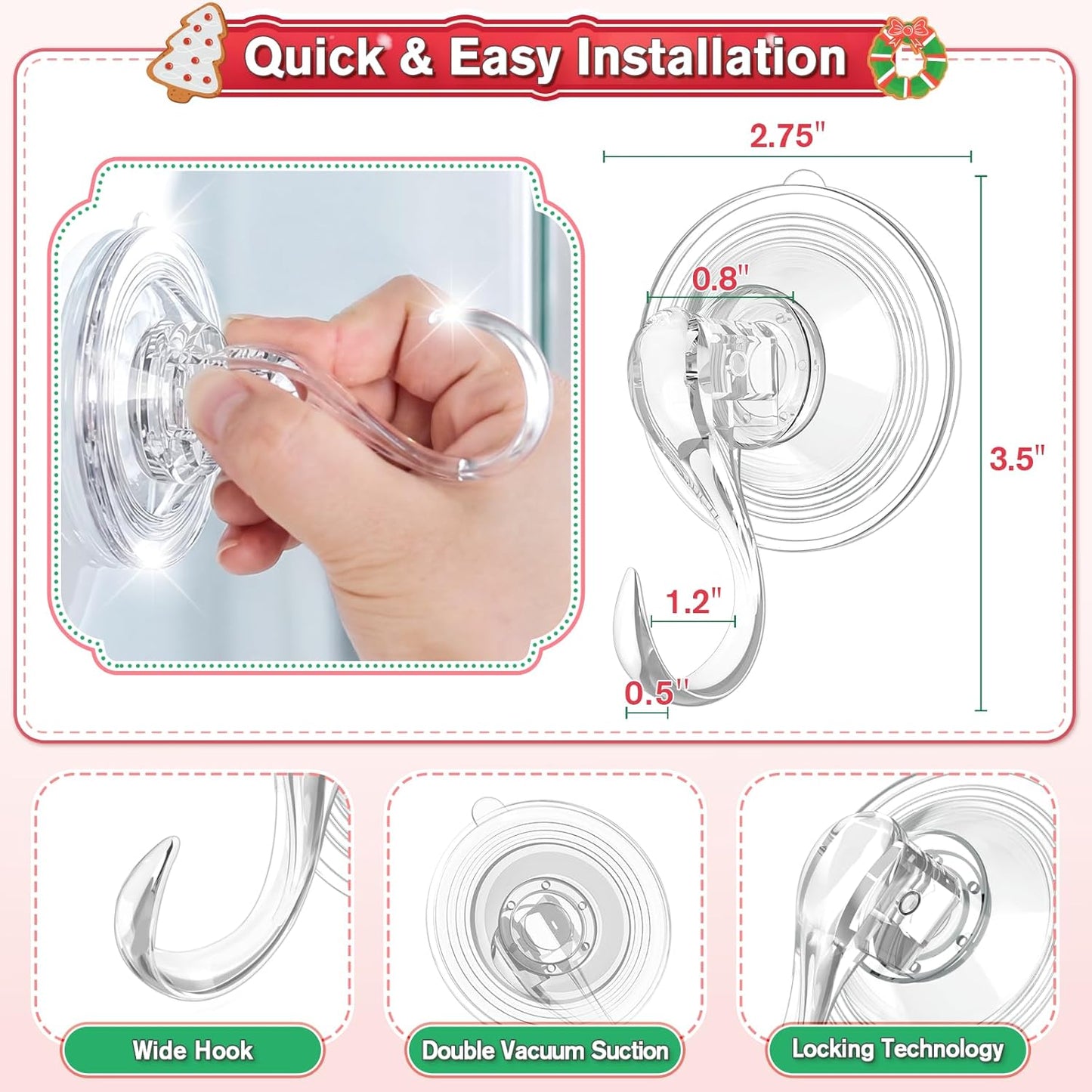 VIS'V Wreath Hanger - Heavy Duty Suction Cup Hooks, 22 LB Capacity, Clear, 2 Pack, Removable & Reusable