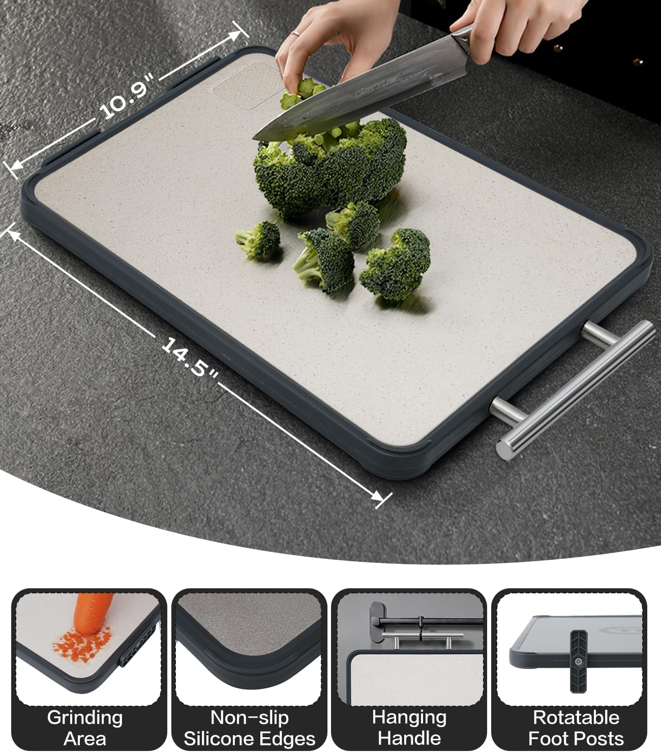 Titanium Cutting Board - Double-Sided Food-Grade Board with Stand | Textured Titanium for Meat, PP for Veggies (14.5”×11”)