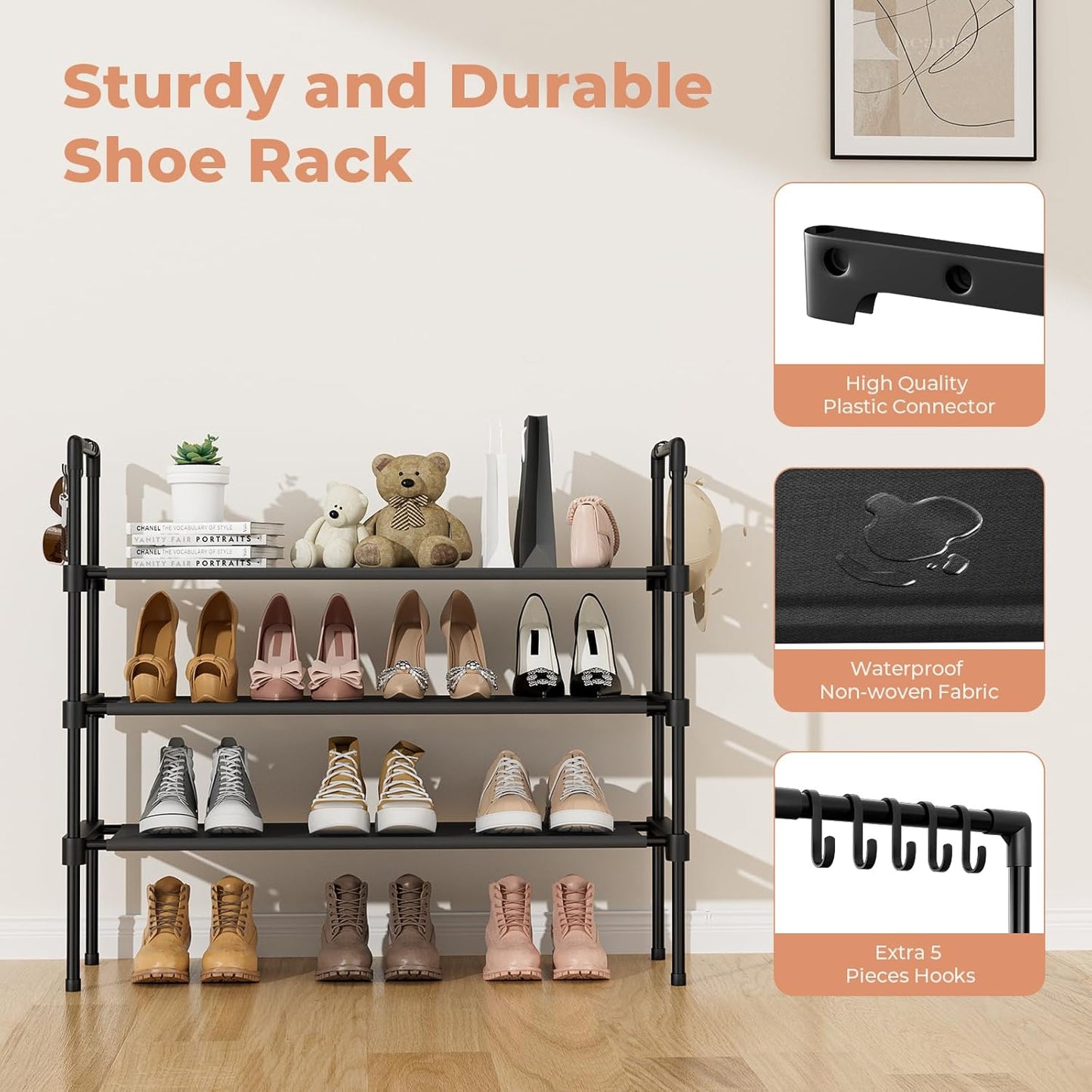 LANTEFUL 3-Tier Shoe Rack - Stackable Shoe Organizer with 5 Hooks for Entryway & Small Spaces