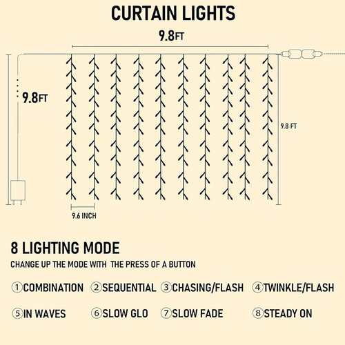Dazzle Bright 300 LED Curtain String Lights - Waterproof Fairy Lights with 8 Modes | White Decor for Bedroom & Parties