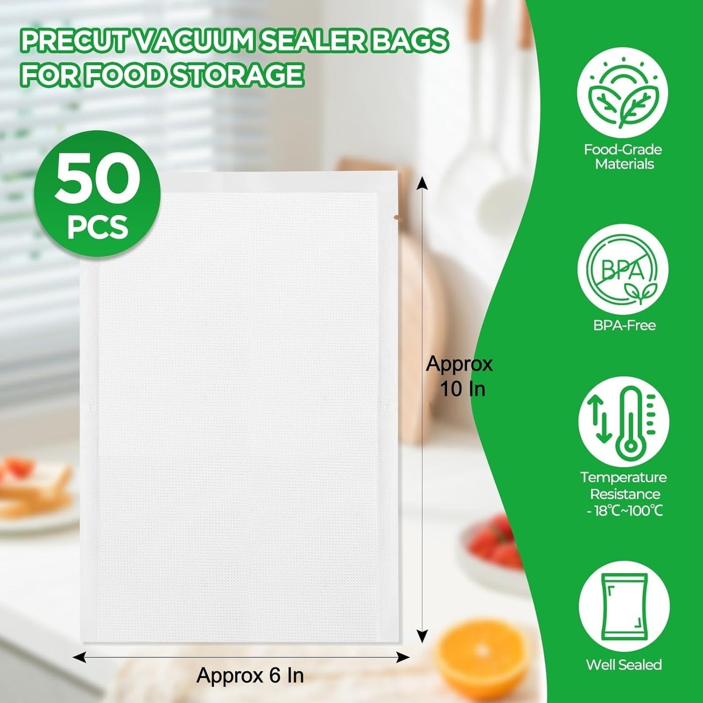 Skiennix Vacuum Sealer Bags - 50 PCS Heavy Duty 6" x 10" BPA-Free Textured Bags for Food Storage & Sous Vide Cooking
