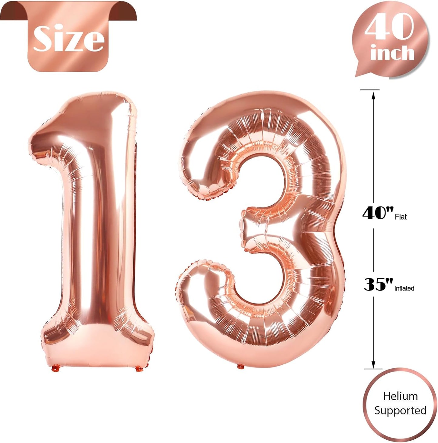 Rose Gold Number 13 Balloon - 40 Inch 13th Birthday Decoration for Girls & Boys