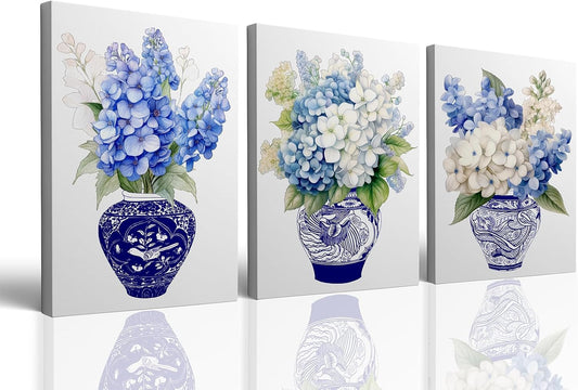 3 Pieces Blue White Chinoiserie Hydrangea Canvas Wall Art Print Set Watercolor Flowers Botanical Plant Decor Canvas Painting Oriental Porcelain Vase Flower Jar Poster Pictures with Wooden Frame
