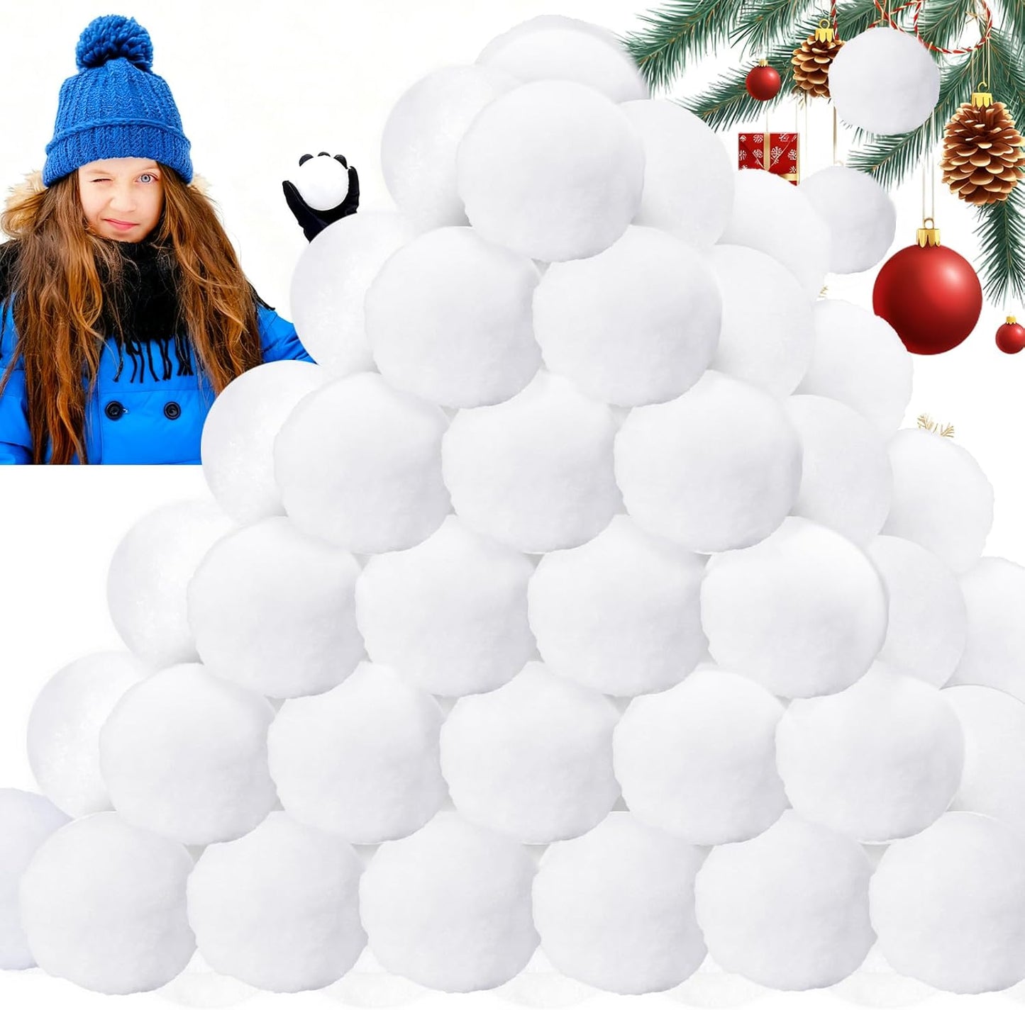 Skiennix 50 Pcs Fake Snow Balls - Soft Plush 2.4 Inch Snowballs for Indoor/Outdoor Winter Fun