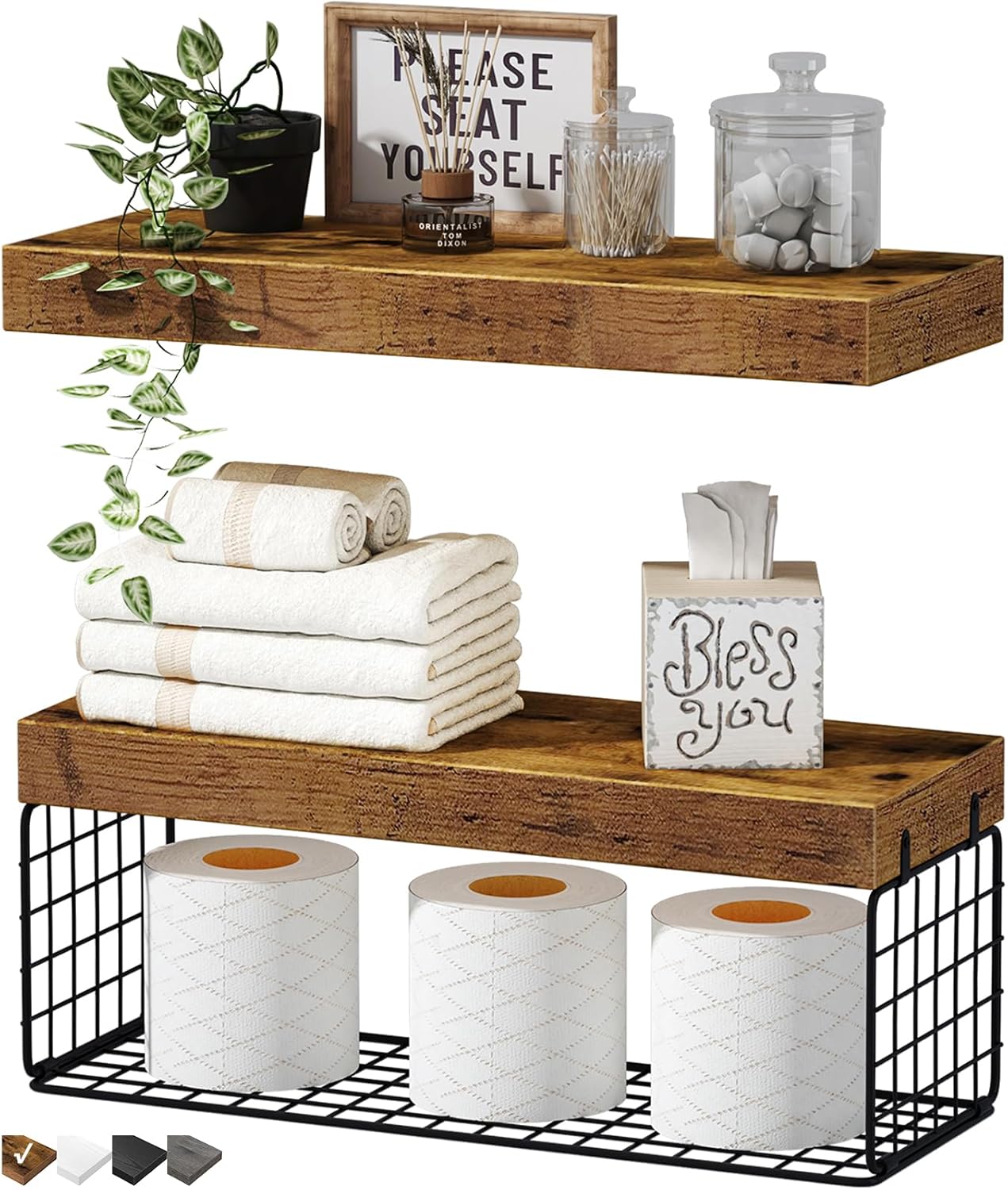 QEEIG Bathroom Shelves - Rustic Brown Over Toilet Floating Storage | Set of 2, 16 Inch Farmhouse Decor