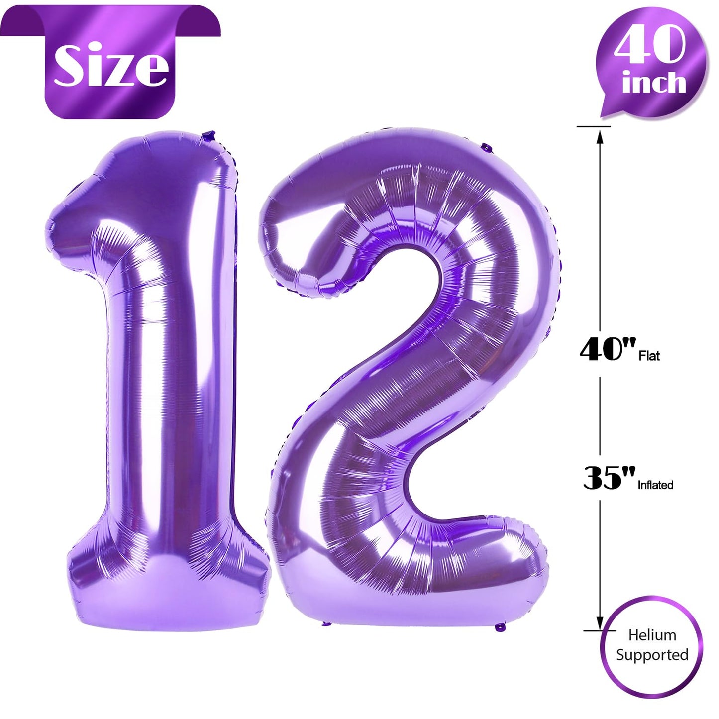 Purple Number 12 Balloon 40 inch, 12 Number Balloons, 12th Purple Birthday Decorations, 12 Year Old Girls Boys Party Supplies