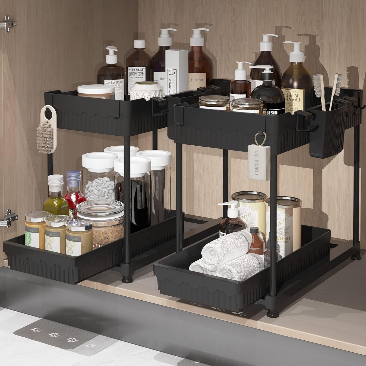 Sevenblue Under Sink Organizers - 2 Pack Multi-Purpose Pull-Out Cabinet Storage for Bathroom & Kitchen | Black