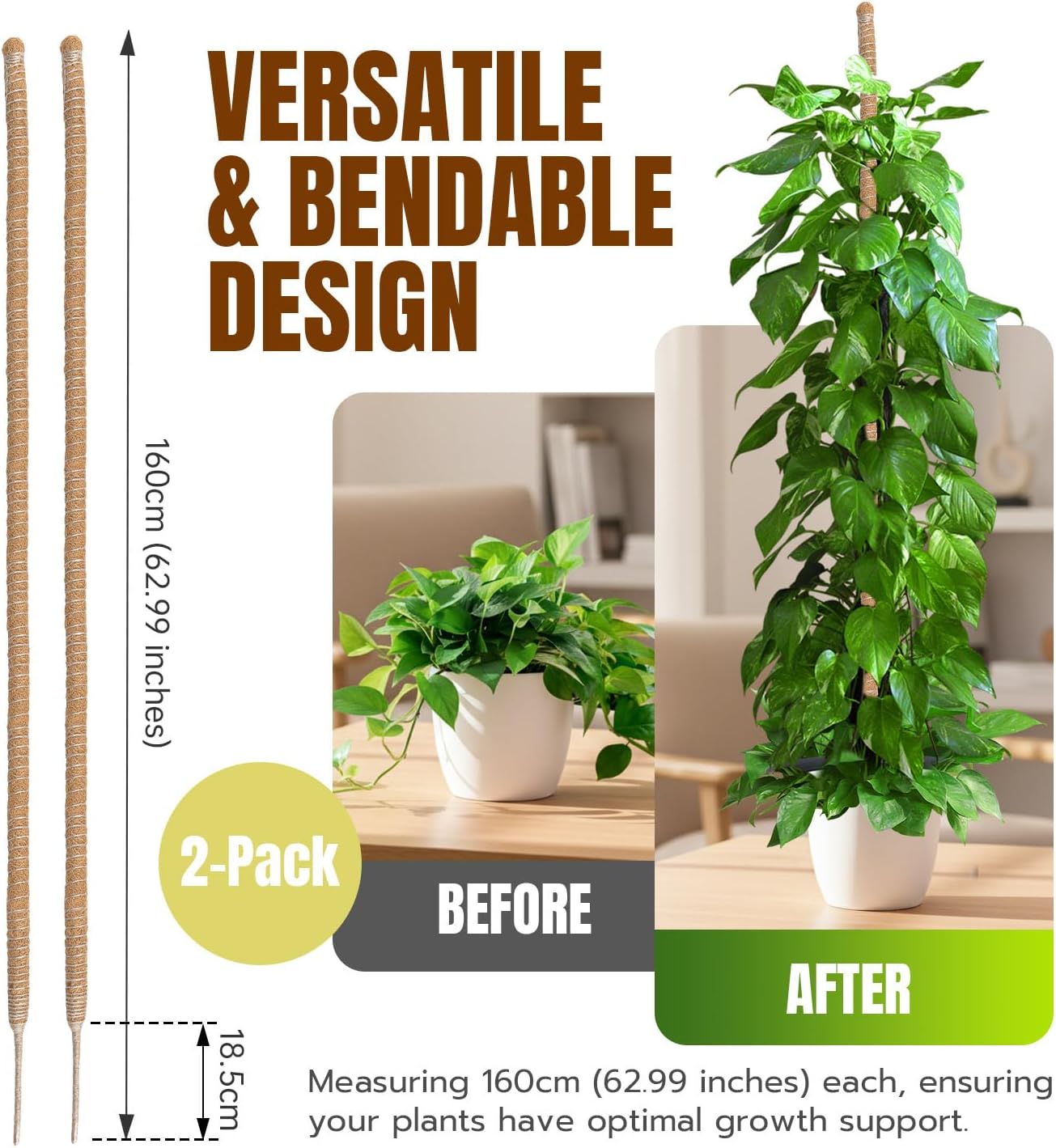 Mcbazel 63-Inch Bendable Moss Pole - Extra Tall 5.2ft Coco Coir Plant Support for Monstera & Climbing Vines | Flexible Kit with Rope & Ties