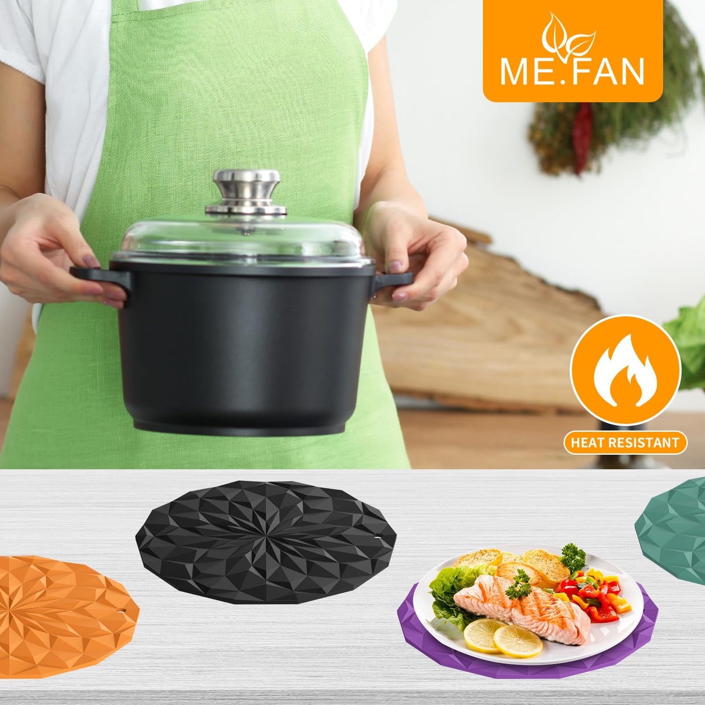 ME.FAN Silicone Trivet Mats - 4 Pack Pot Holders - 7.4'' Thickened Hot Pads for Hot pots, Pans and Dishes, Heat Resistant Silicone Trivet for Table and Counter Top Black