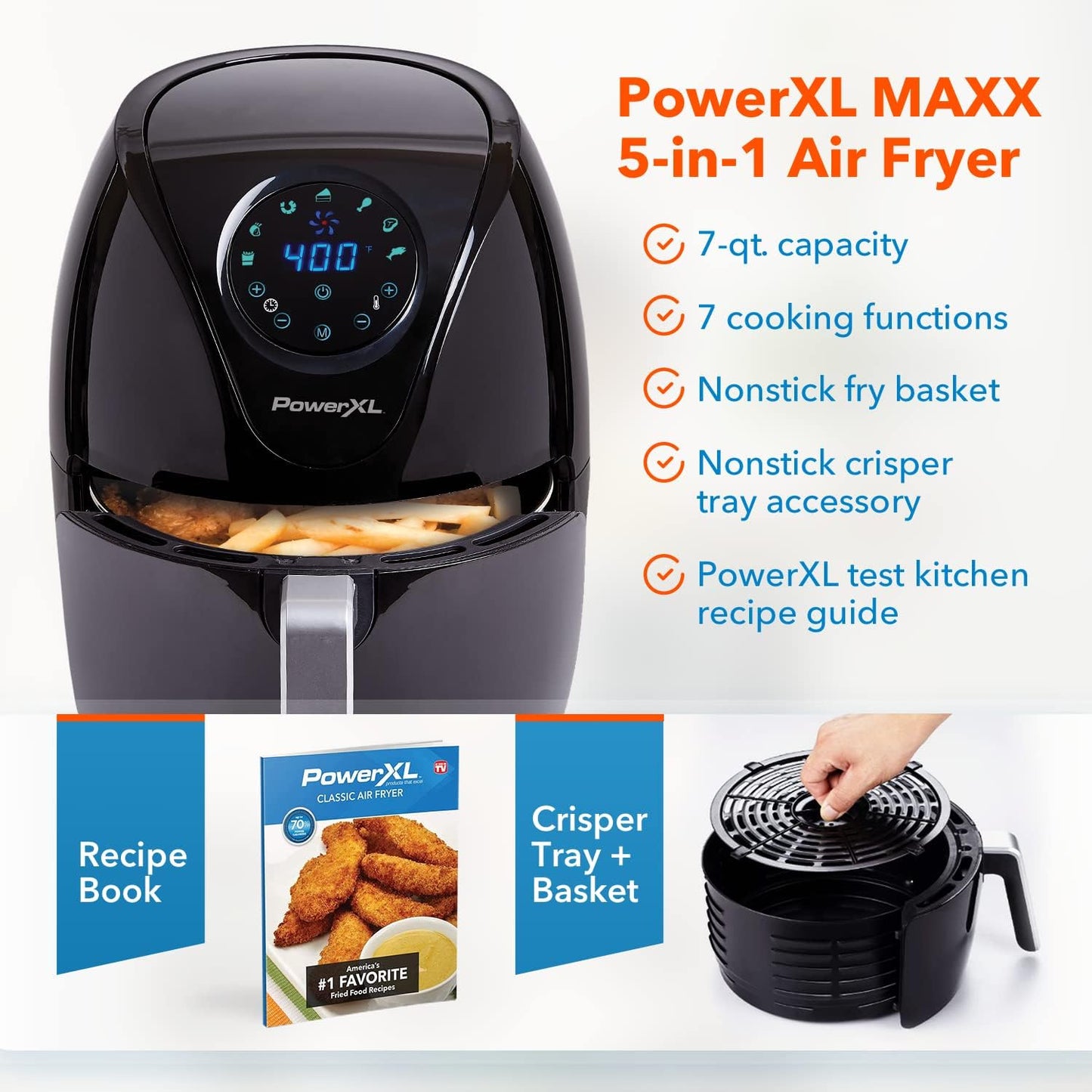 PowerXL Air Fryer 7 QT Maxx Classic - Versatile Cooking, Crisping & Roasting | Nonstick Black Finish