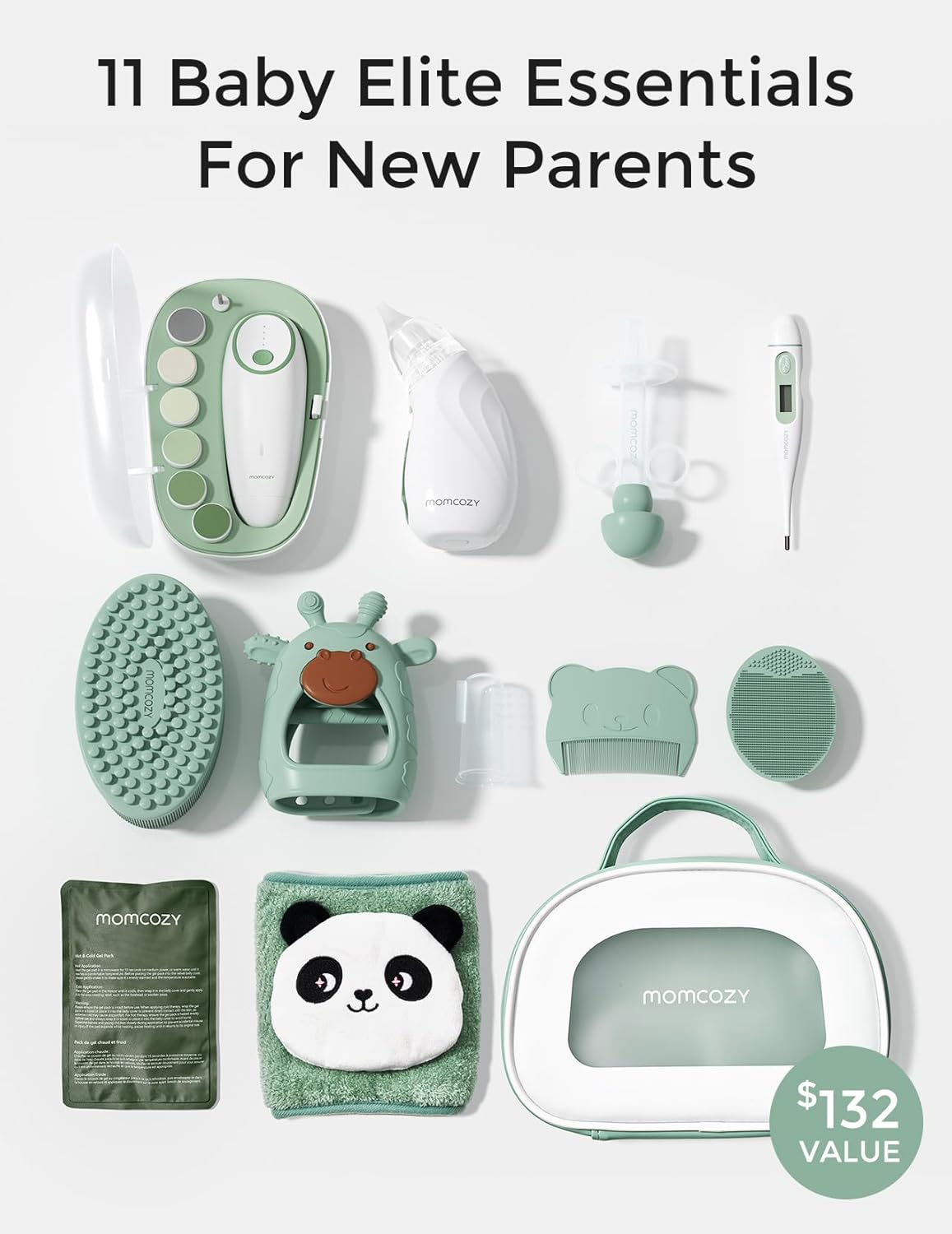 Momcozy Elite Baby Kit - Essential Grooming & Health Care Set | Electric Nail File, Nasal Aspirator, Tummy Wrap, Thermometer, Bath Brush, Teether, Storage Bag