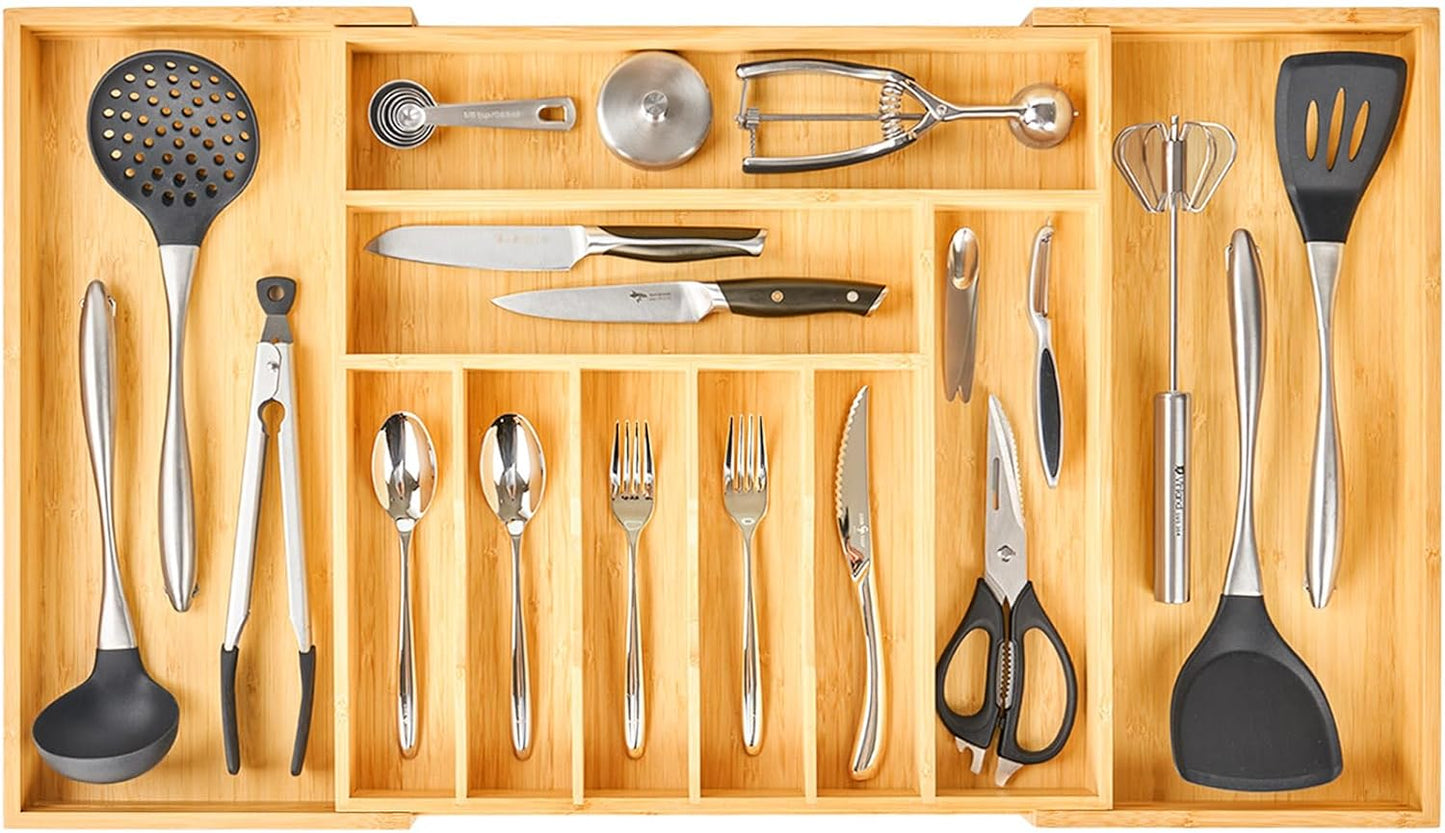 Umilife Extra Large Expandable Kitchen Utensil Drawer Organizer - Adjustable Bamboo Divider, 19" Deep